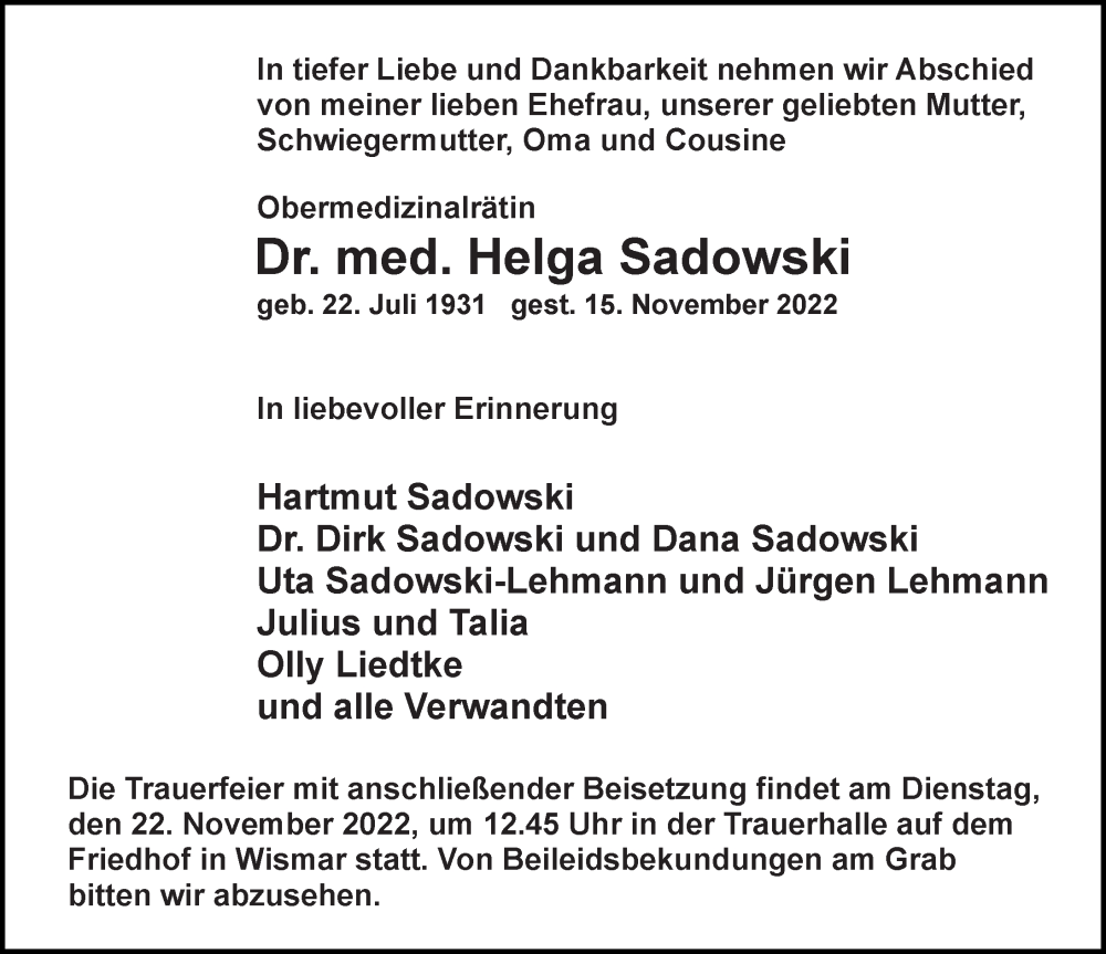  Traueranzeige für Helga Sadowski vom 19.11.2022 aus Ostsee-Zeitung GmbH