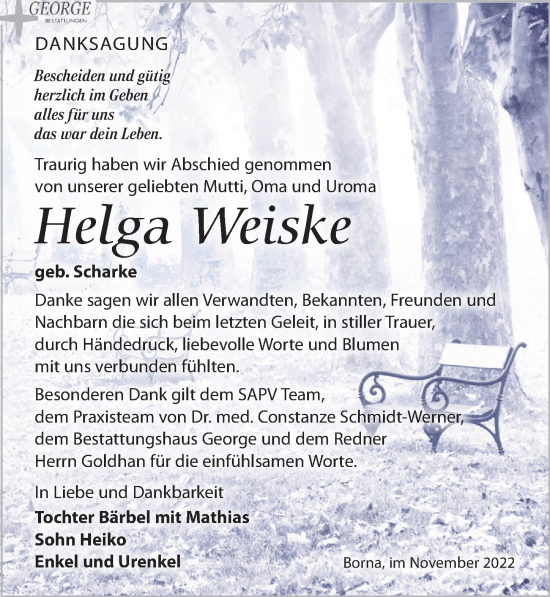 Traueranzeige von Helga Weiske von Leipziger Volkszeitung