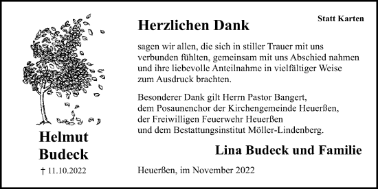 Traueranzeige von Helmut Budeck von Schaumburger Nachrichten