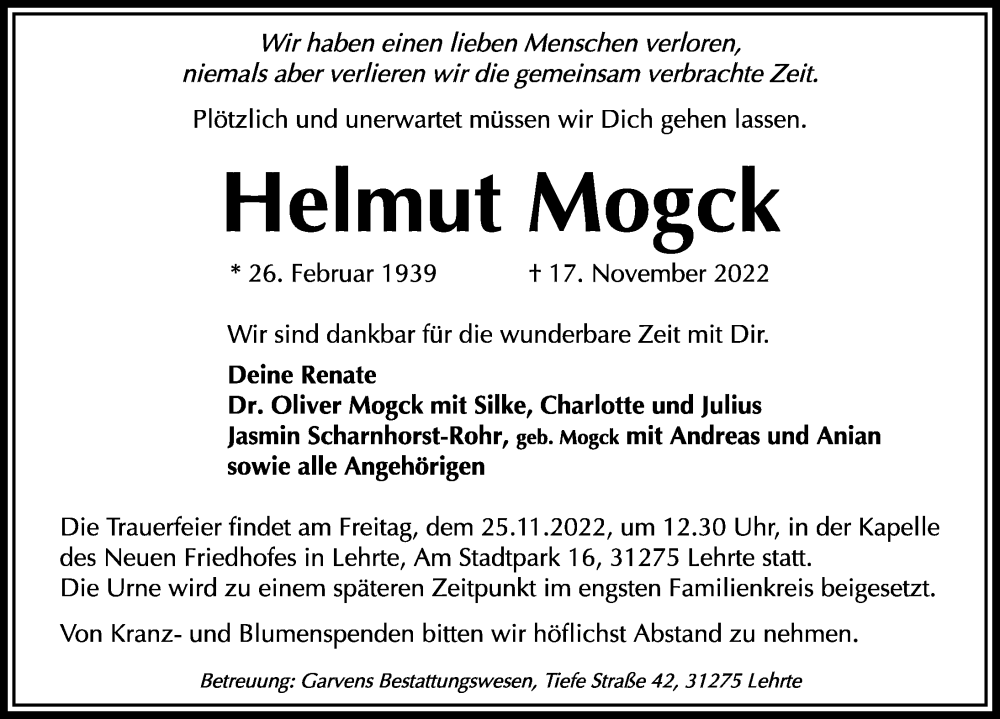  Traueranzeige für Helmut Mogck vom 24.11.2022 aus Hannoversche Allgemeine Zeitung/Neue Presse