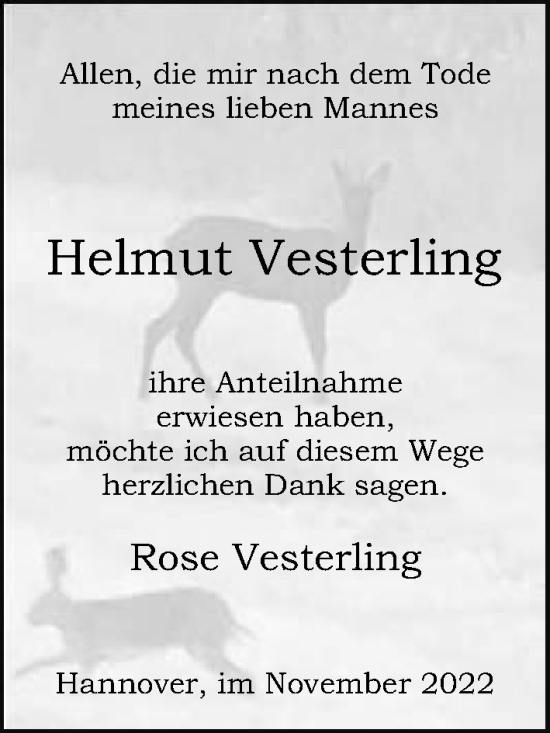 Traueranzeige von Helmut Vesterling von Hannoversche Allgemeine Zeitung/Neue Presse