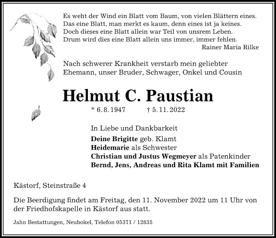 Traueranzeige von Helmut C. Paustian von Aller Zeitung