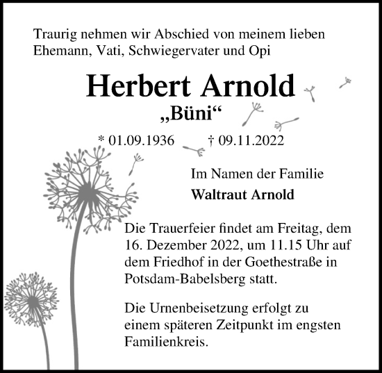 Traueranzeige von Herbert Arnold von Märkischen Allgemeine Zeitung