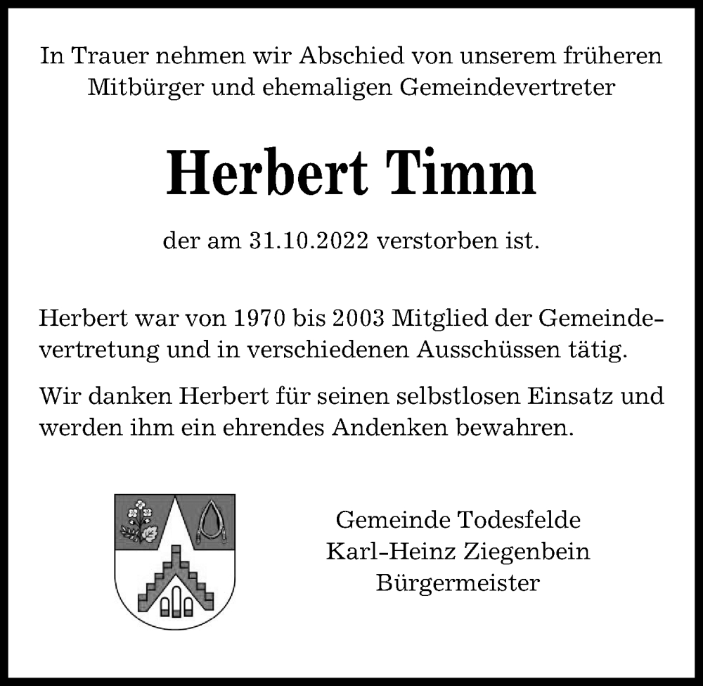  Traueranzeige für Herbert Timm vom 11.11.2022 aus Kieler Nachrichten