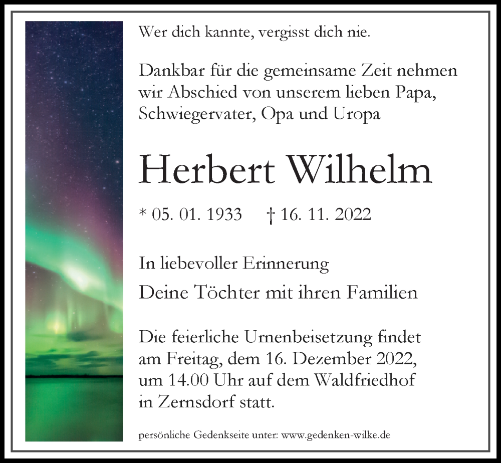  Traueranzeige für Herbert Wilhelm vom 26.11.2022 aus Märkischen Allgemeine Zeitung