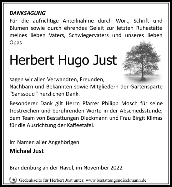 Traueranzeige von Herbert Hugo Just von Märkischen Allgemeine Zeitung