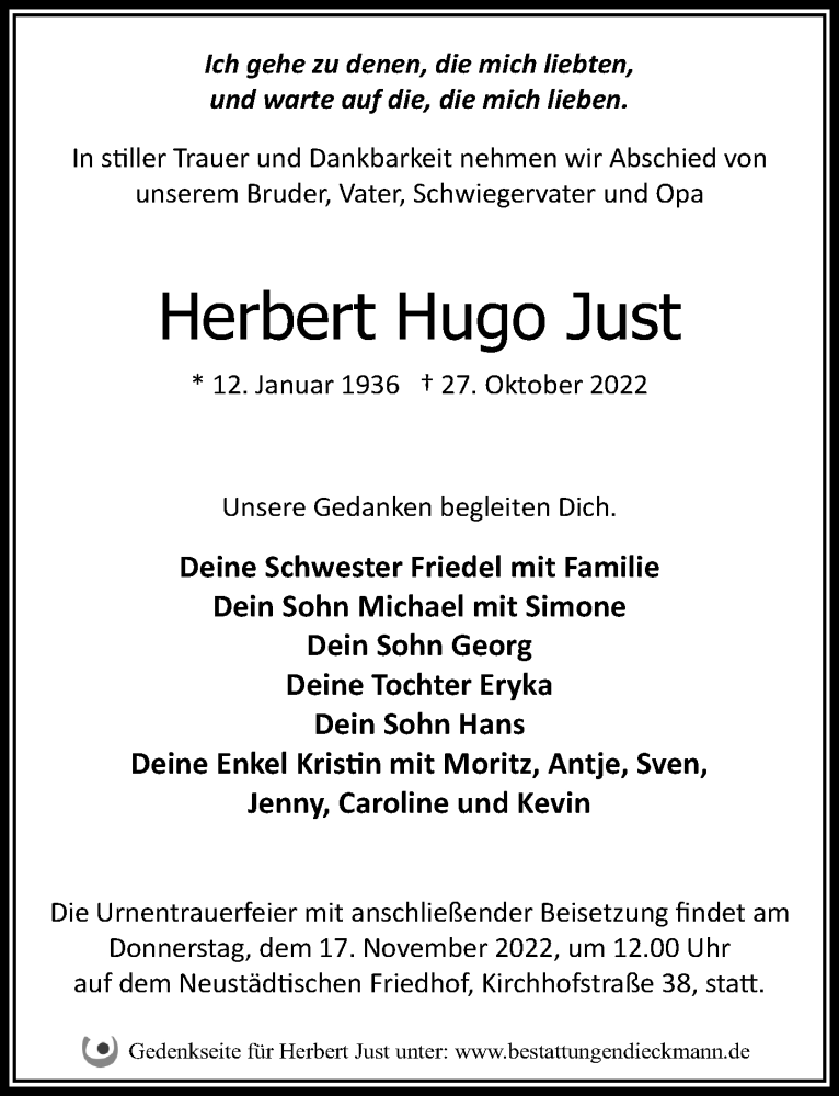  Traueranzeige für Herbert Hugo Just vom 12.11.2022 aus Märkischen Allgemeine Zeitung