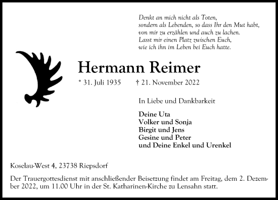 Traueranzeige von Hermann Reimer von Lübecker Nachrichten
