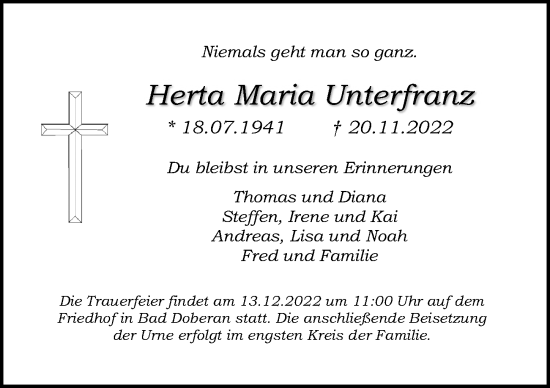 Traueranzeige von Herta Maria Unterfranz von Ostsee-Zeitung GmbH