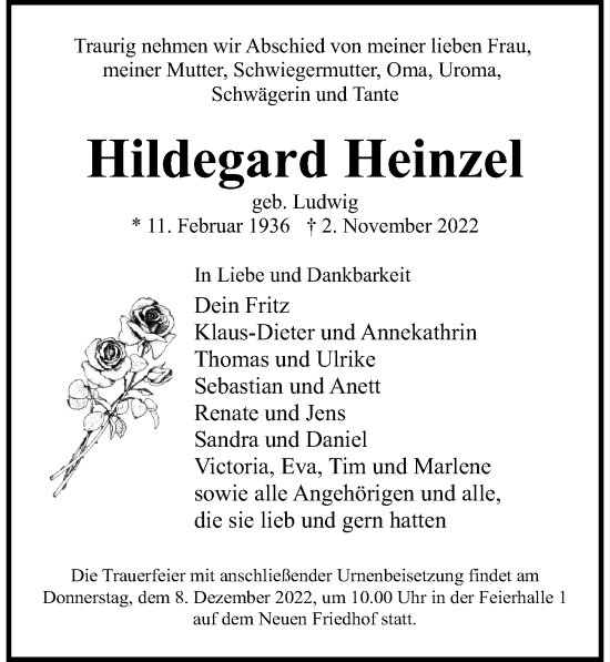 Traueranzeige von Hildegard Heinzel von Ostsee-Zeitung GmbH