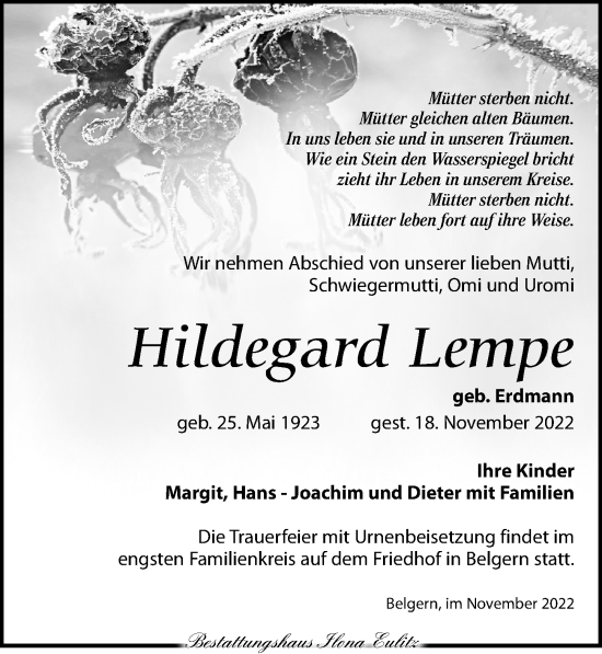 Traueranzeige von Hildegard Lempe von Torgauer Zeitung