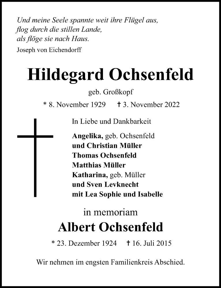  Traueranzeige für Hildegard Ochsenfeld vom 13.11.2022 aus Lübecker Nachrichten