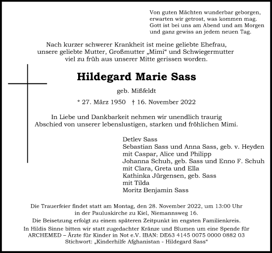 Traueranzeige von Hildegard Marie Sass von Kieler Nachrichten