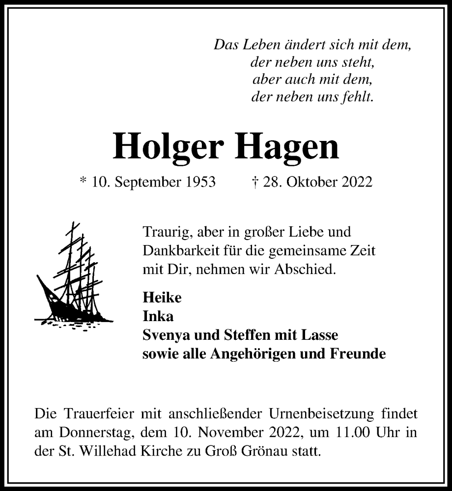  Traueranzeige für Holger Hagen vom 06.11.2022 aus Lübecker Nachrichten