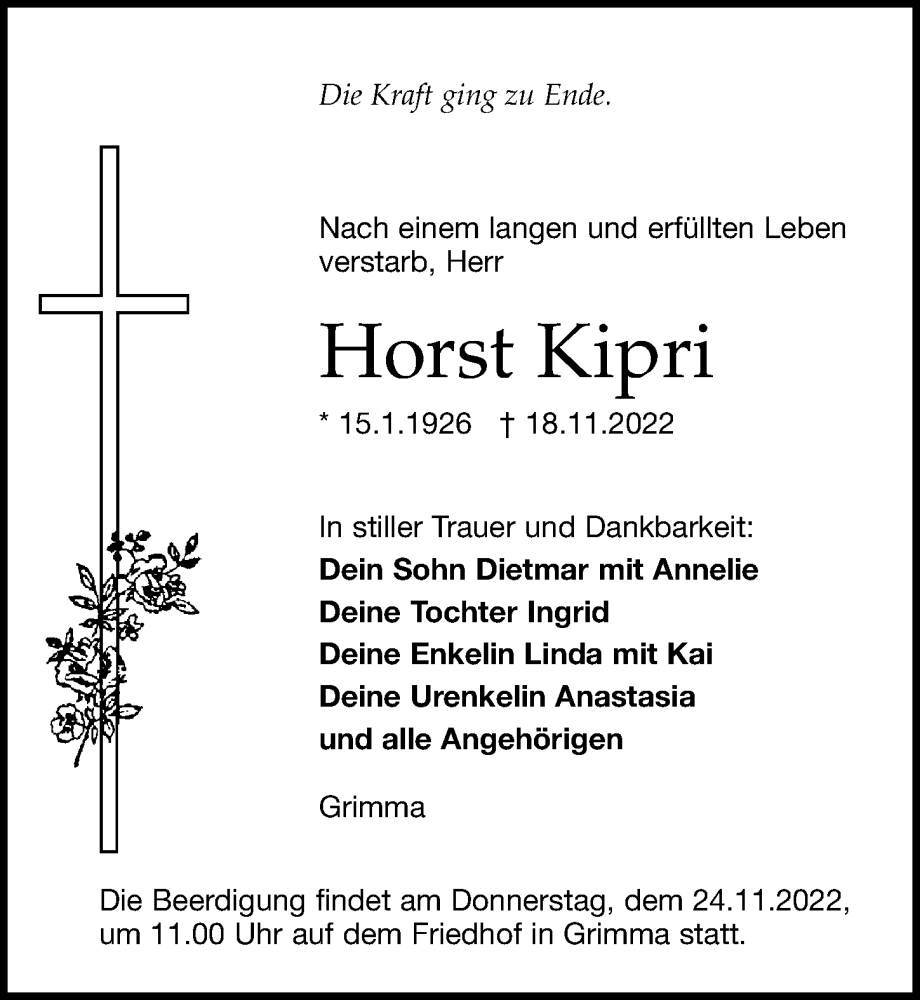  Traueranzeige für Horst Kipri vom 22.11.2022 aus Leipziger Volkszeitung