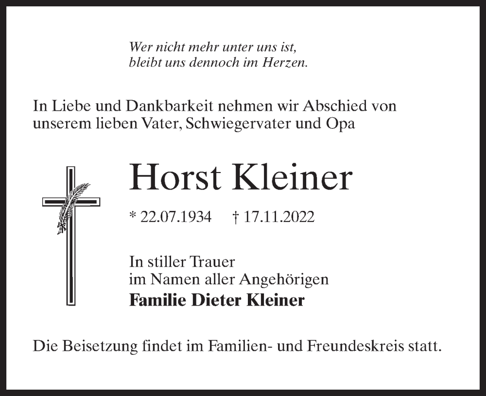  Traueranzeige für Horst Kleiner vom 19.11.2022 aus Märkischen Allgemeine Zeitung