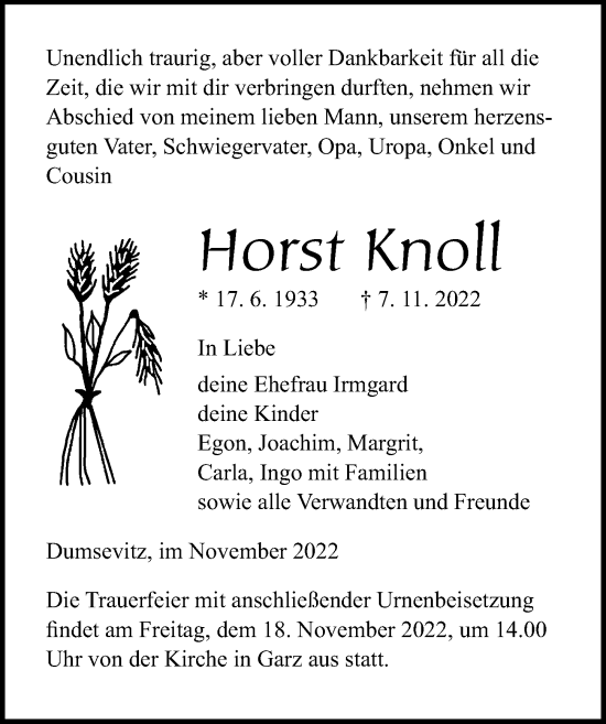 Traueranzeige von Horst Knoll von Ostsee-Zeitung GmbH