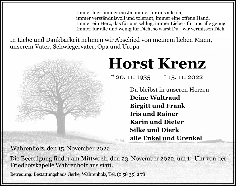  Traueranzeige für Horst Krenz vom 19.11.2022 aus Aller Zeitung