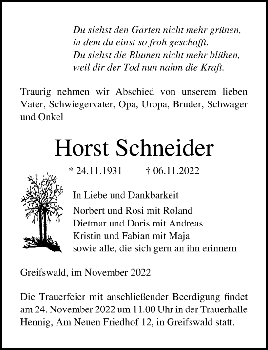 Traueranzeige von Horst Schneider von Ostsee-Zeitung GmbH