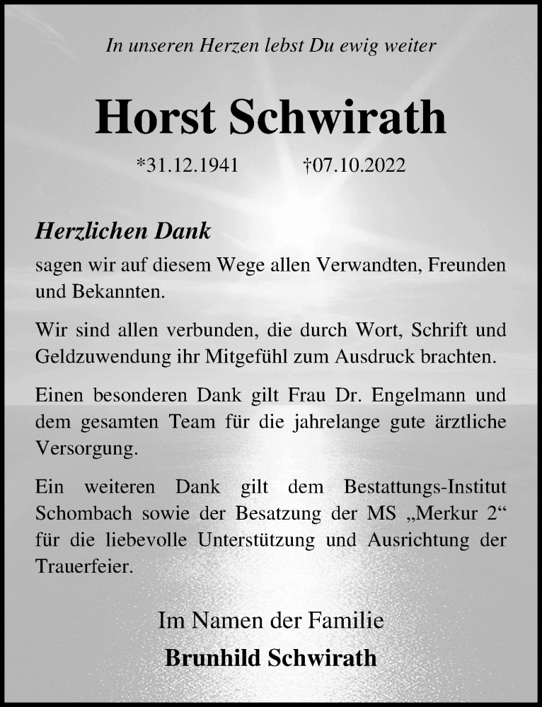  Traueranzeige für Horst Schwirath vom 19.11.2022 aus Ostsee-Zeitung GmbH
