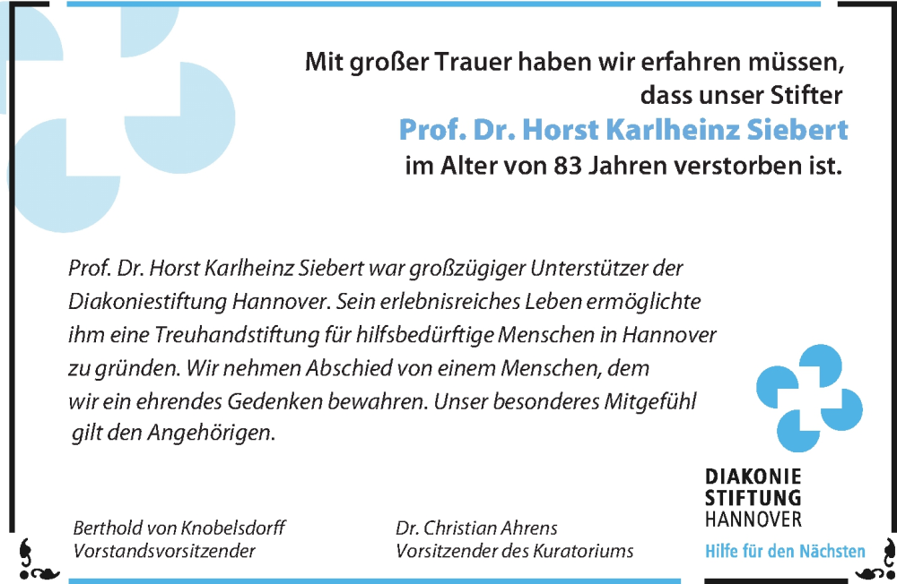  Traueranzeige für Horst Karlheinz Siebert vom 05.11.2022 aus Hannoversche Allgemeine Zeitung/Neue Presse