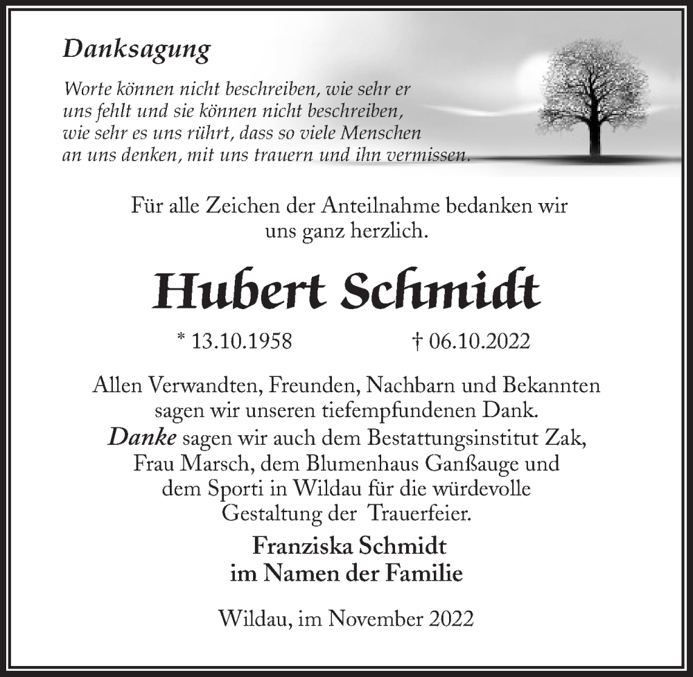  Traueranzeige für Hubert Schmidt vom 19.11.2022 aus Märkischen Allgemeine Zeitung