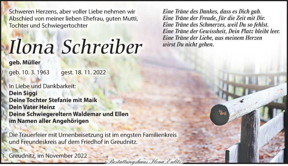 Traueranzeige für Ilona Schreiber vom 26.11.2022 aus Torgauer Zeitung
