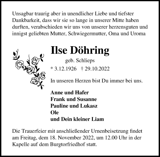 Traueranzeige von Ilse Döhring von Lübecker Nachrichten