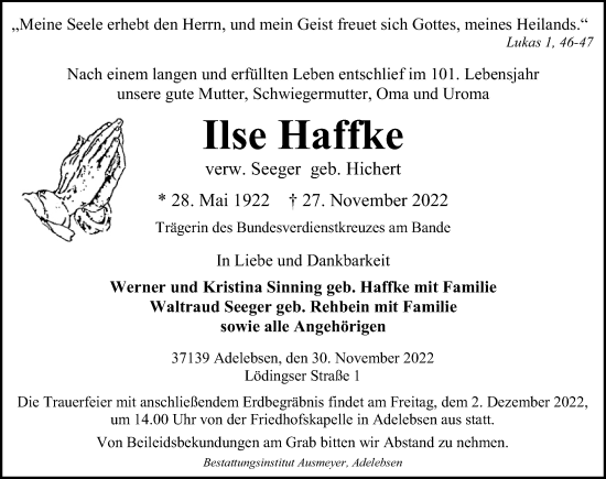Traueranzeige von Ilse Haffke von Göttinger Tageblatt