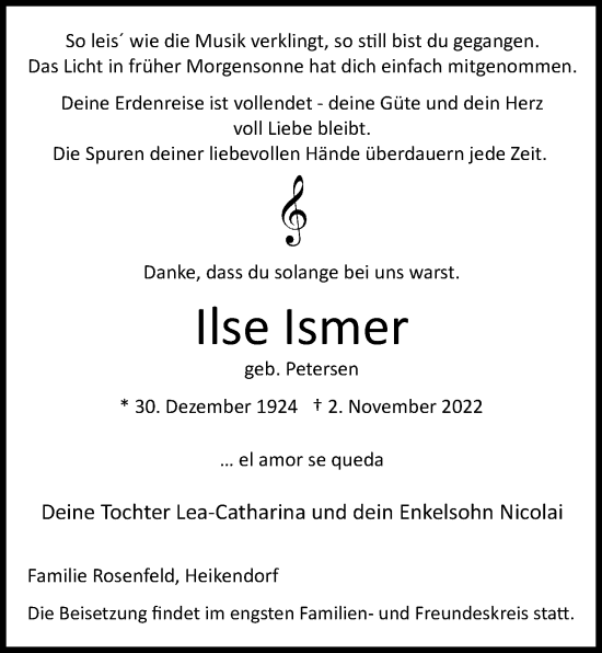 Traueranzeige von Ilse Ismer von Kieler Nachrichten