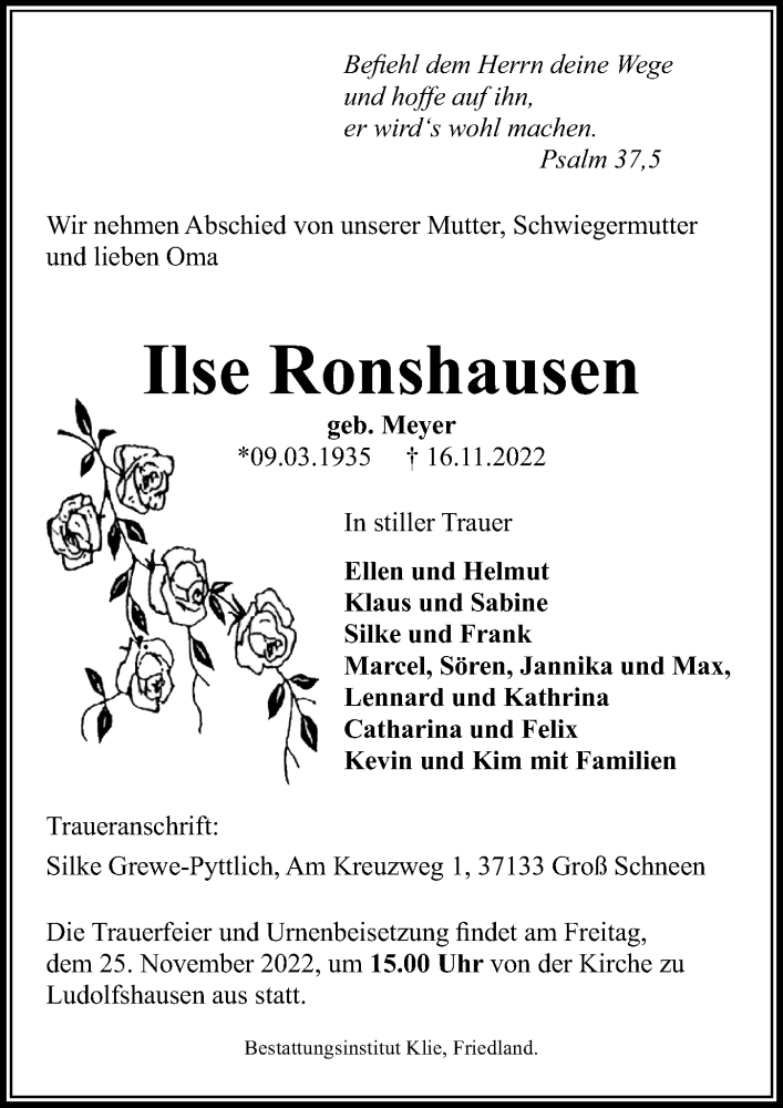  Traueranzeige für Ilse Ronshausen vom 19.11.2022 aus Göttinger Tageblatt