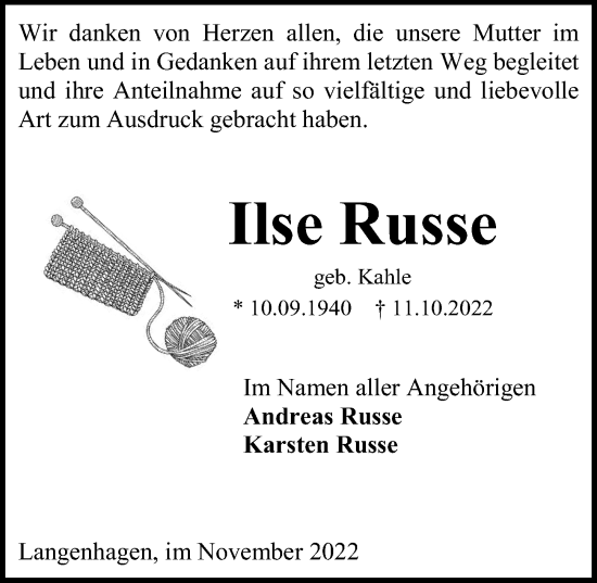 Traueranzeige von Ilse Russe von Hannoversche Allgemeine Zeitung/Neue Presse