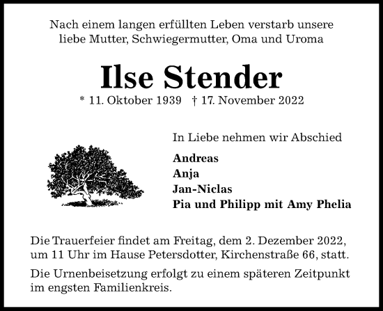 Traueranzeige von Ilse Stender von Kieler Nachrichten