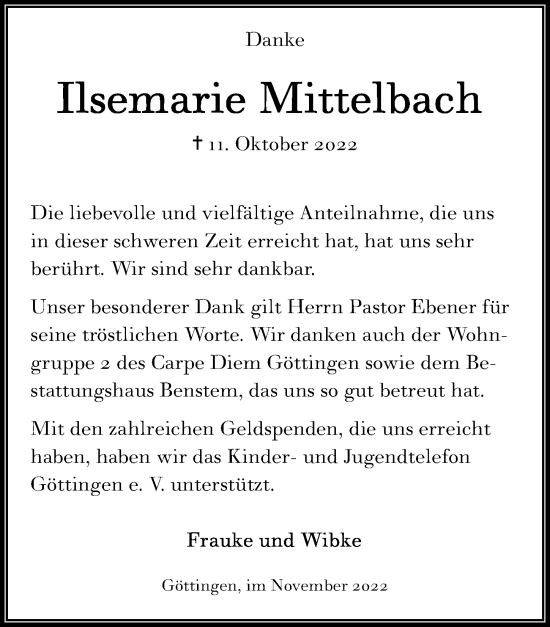 Traueranzeige von Ilsemarie Mittelbach von Göttinger Tageblatt