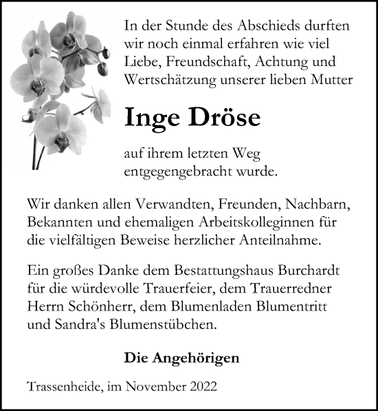 Traueranzeige von Inge Dröse von Ostsee-Zeitung GmbH