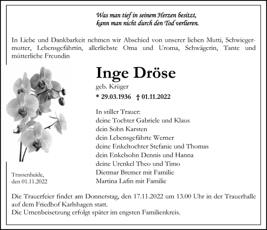 Traueranzeige von Inge Dröse von Ostsee-Zeitung GmbH