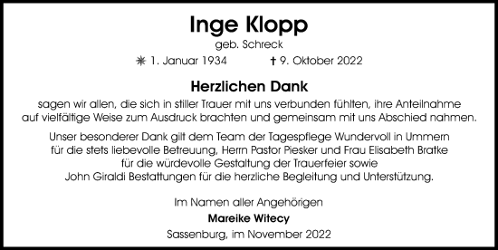 Traueranzeige von Inge Klopp von Aller Zeitung