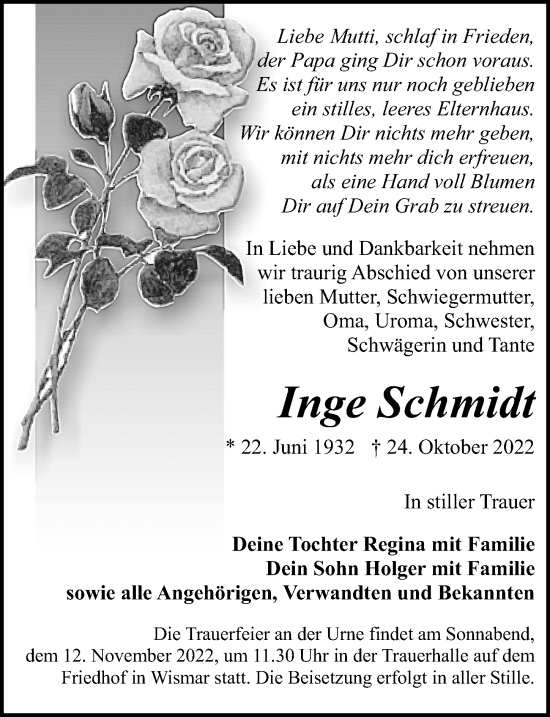 Traueranzeige von Inge Schmidt von Ostsee-Zeitung GmbH