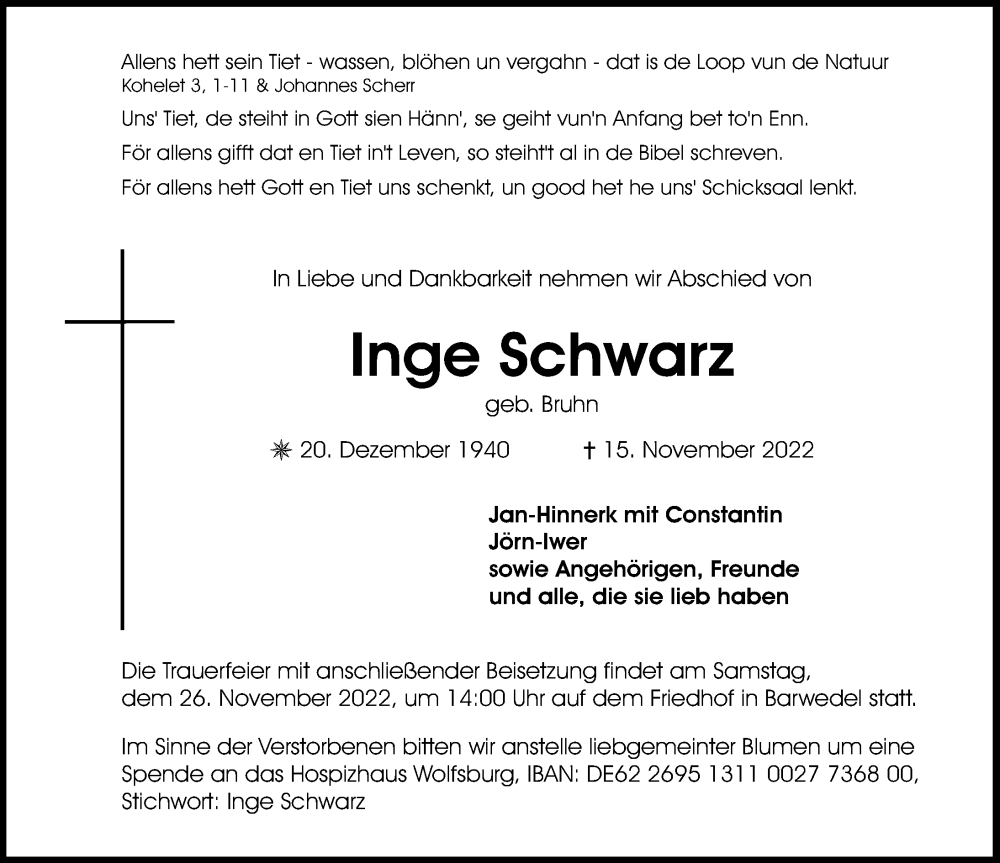  Traueranzeige für Inge Schwarz vom 24.11.2022 aus Aller Zeitung