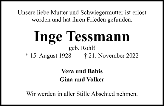 Traueranzeige von Inge Tessmann von Kieler Nachrichten