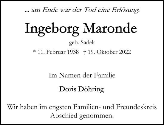 Traueranzeige von Ingeborg Maronde von Lübecker Nachrichten