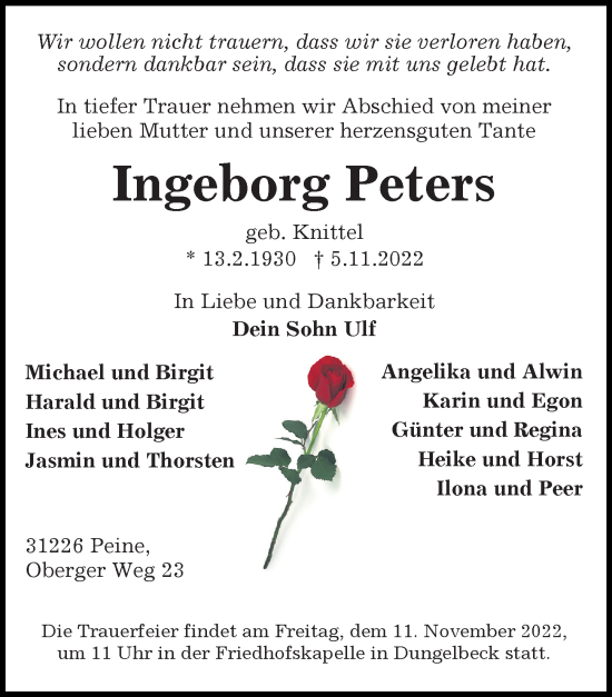 Traueranzeige von Ingeborg Peters von Peiner Allgemeine Zeitung