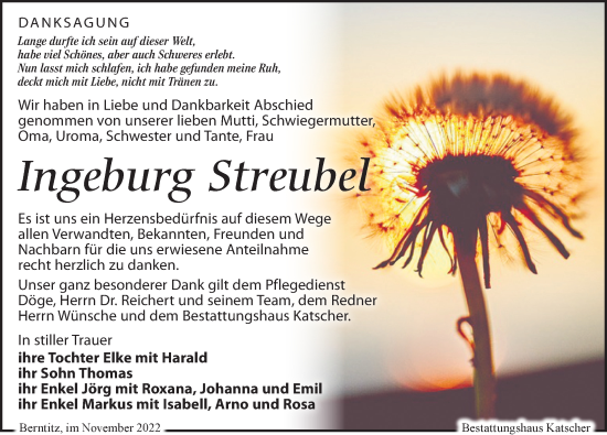 Traueranzeige von Ingeburg Streubel von Leipziger Volkszeitung