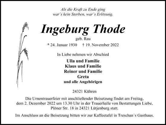 Traueranzeige von Ingeburg Thode von Kieler Nachrichten