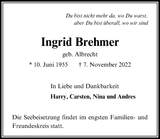 Traueranzeige von Ingrid Brehmer von Lübecker Nachrichten