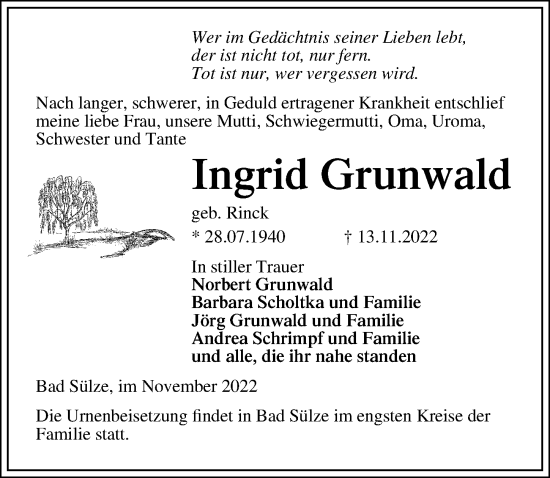 Traueranzeige von Ingrid Grunwald von Ostsee-Zeitung GmbH