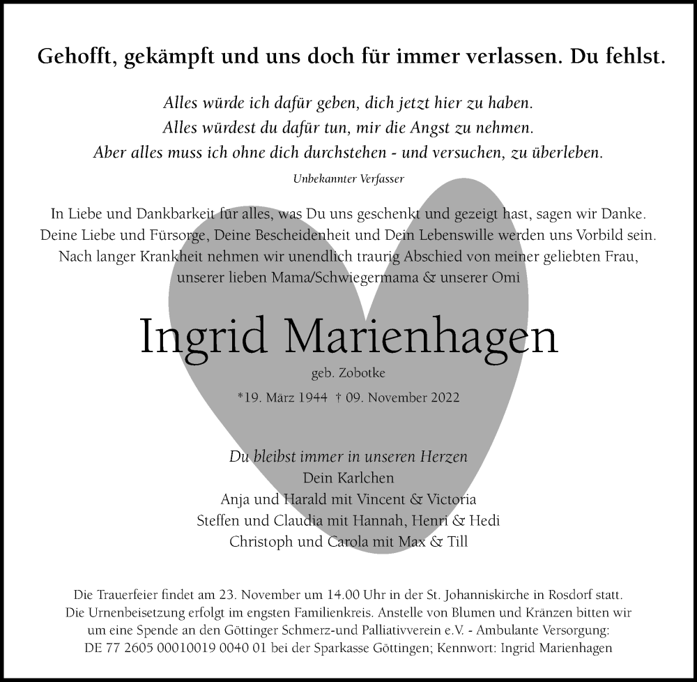  Traueranzeige für Ingrid Marienhagen vom 19.11.2022 aus Göttinger Tageblatt