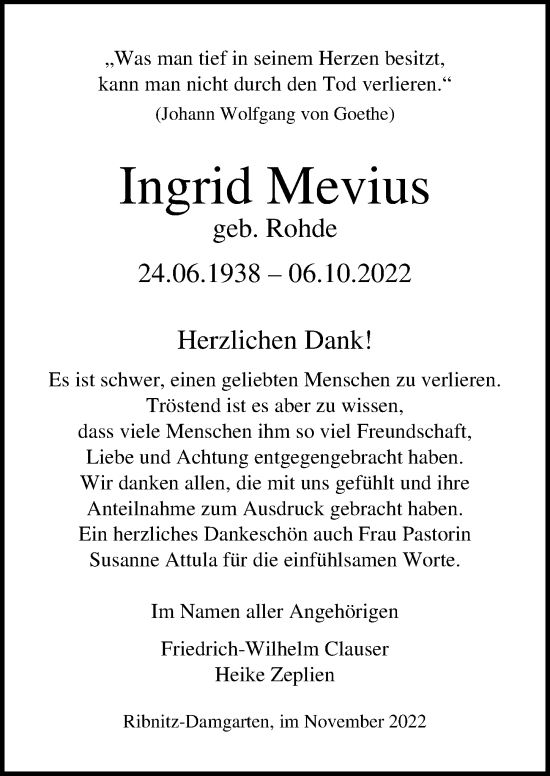 Traueranzeige von Ingrid Mevius von Ostsee-Zeitung GmbH