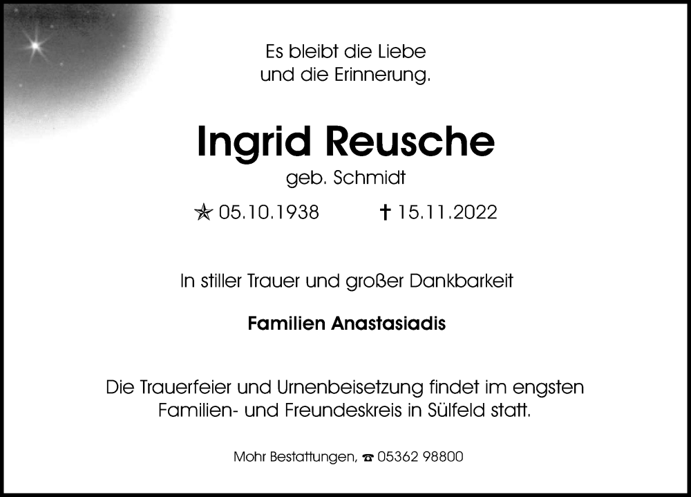  Traueranzeige für Ingrid Reusche vom 25.11.2022 aus Aller Zeitung