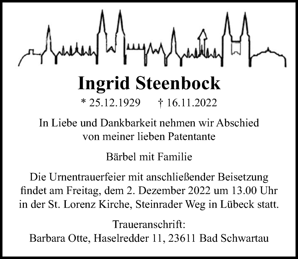  Traueranzeige für Ingrid Steenbock vom 27.11.2022 aus Lübecker Nachrichten